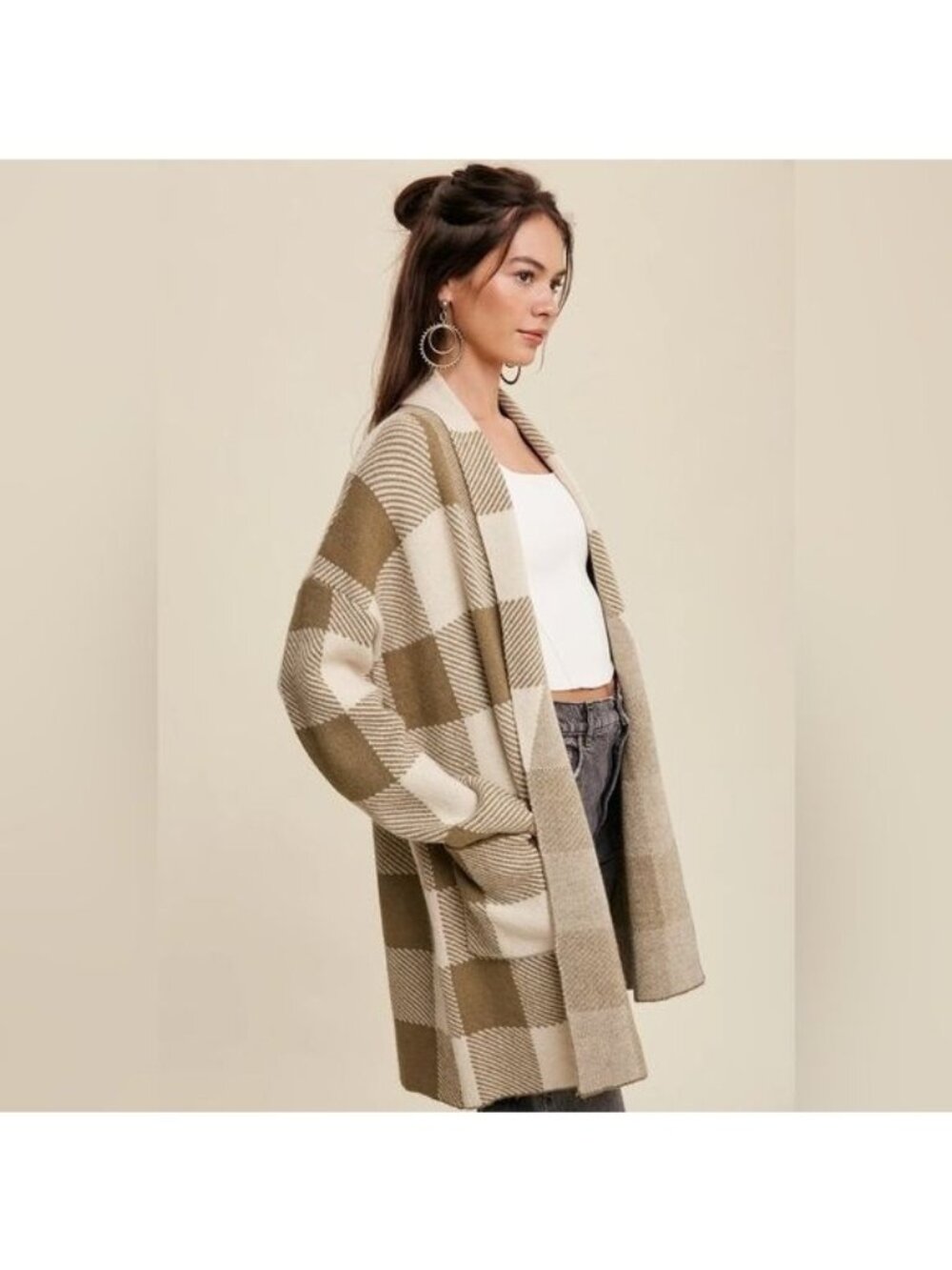 Love Stitch The Michele Gingham Shawl Cardigan Tan Taupe Open Front Size Medium